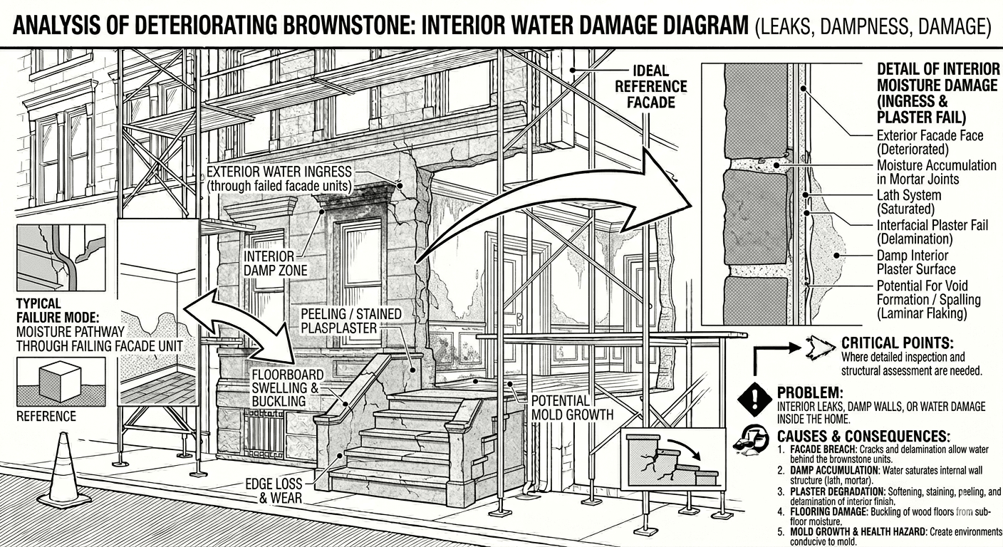 analysis diagram of brownstone interior water damages on a brownstone facade