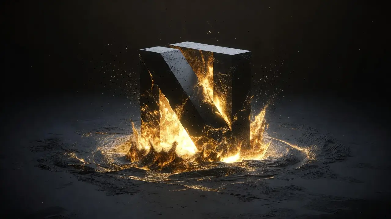 A large, illuminated letter N appears to emerge from a fiery vortex, surrounded by dark textures and an intense glow.
