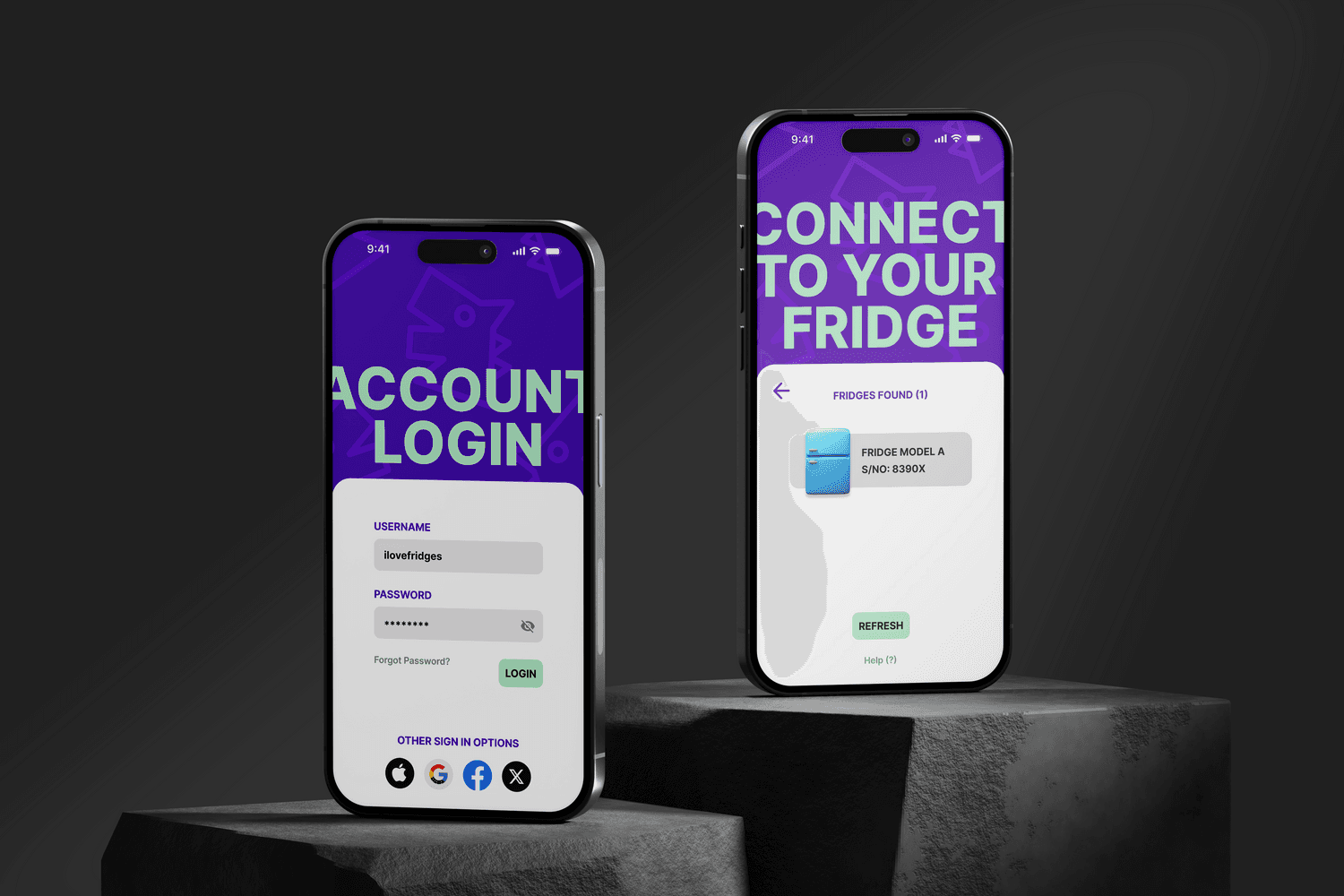 Two iphones standing on display showing application login screens