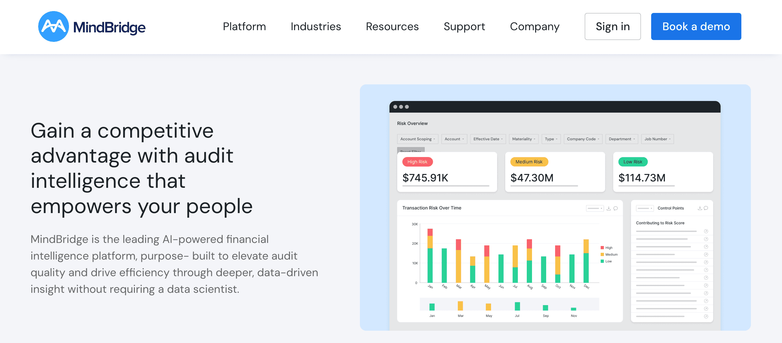 MindBridge risk overview dashboard showing 12-month transaction risk broken down into high, medium, and low categories