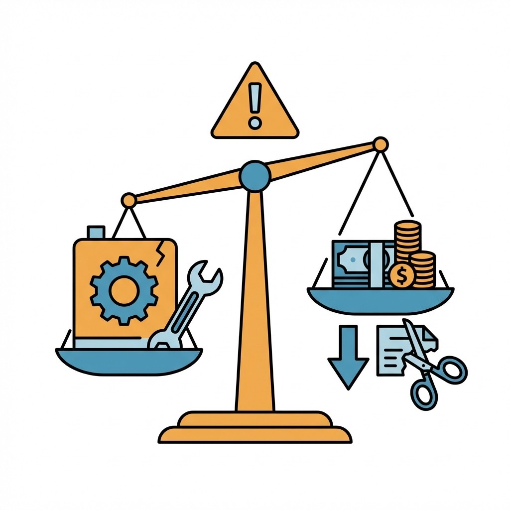 Waage im Ungleichgewicht: Technische Wartung wiegt schwerer als Kostensenkungen. Ein Warnschild deutet auf Risiken durch Budgetkürzungen hin.