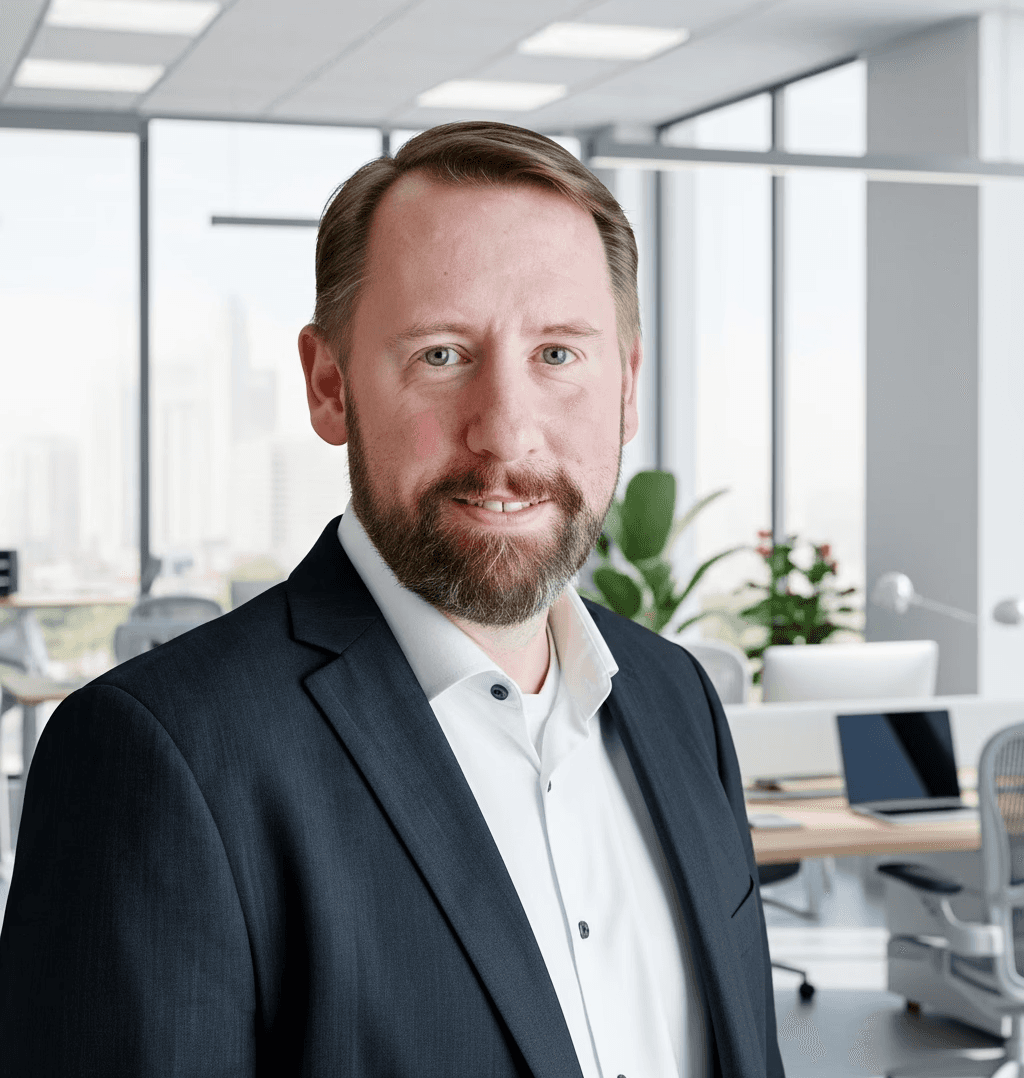 A profile view of a woman with a sleek bun, wearing a dark blazer against a softly lit background.