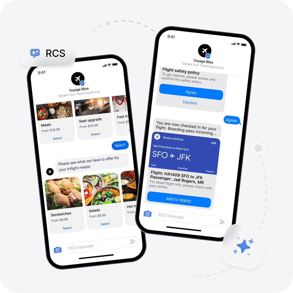 RCS messaging interface showcasing flight safety updates, flight status, and meal options for a user, with interactive buttons to view, decline, or confirm details.”