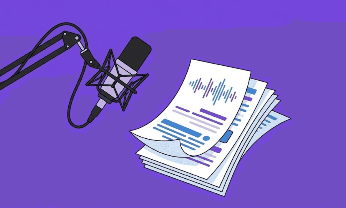 Microphone and stacked transcript pages illustrating podcast and interview editing workflows in Adobe Premiere Pro.