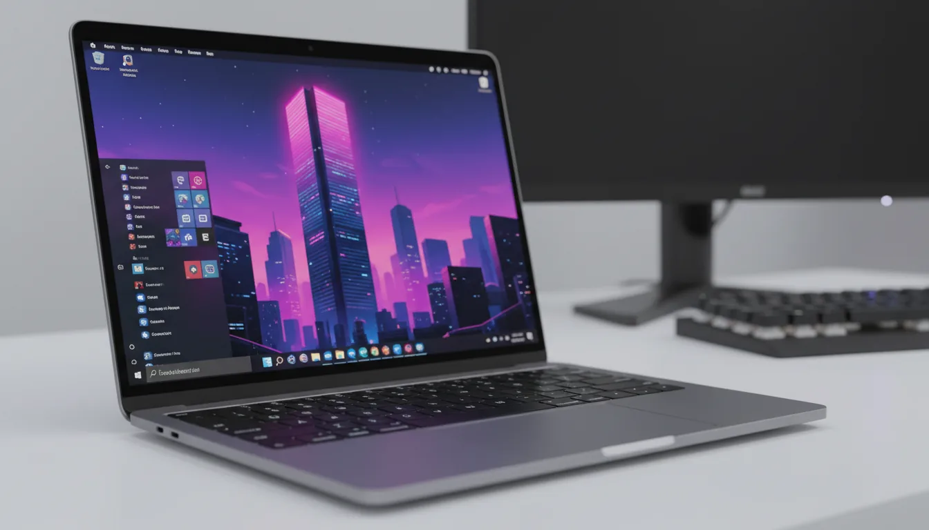 DSLR photo, close-up angled shot of a modern space gray MacBook Pro on a clean white desk, running the Windows 10 operating system. The screen displays a vibrant, synthwave-style wallpaper of a cityscape at twilight featuring a prominent illuminated skyscraper, glowing with deep blue, purple, and pink light. The Windows taskbar with its UI elements is visible at the bottom. The shot has a shallow depth of field, with a blurred external monitor and keyboard in the background. The scene is lit by bright, soft studio lighting.