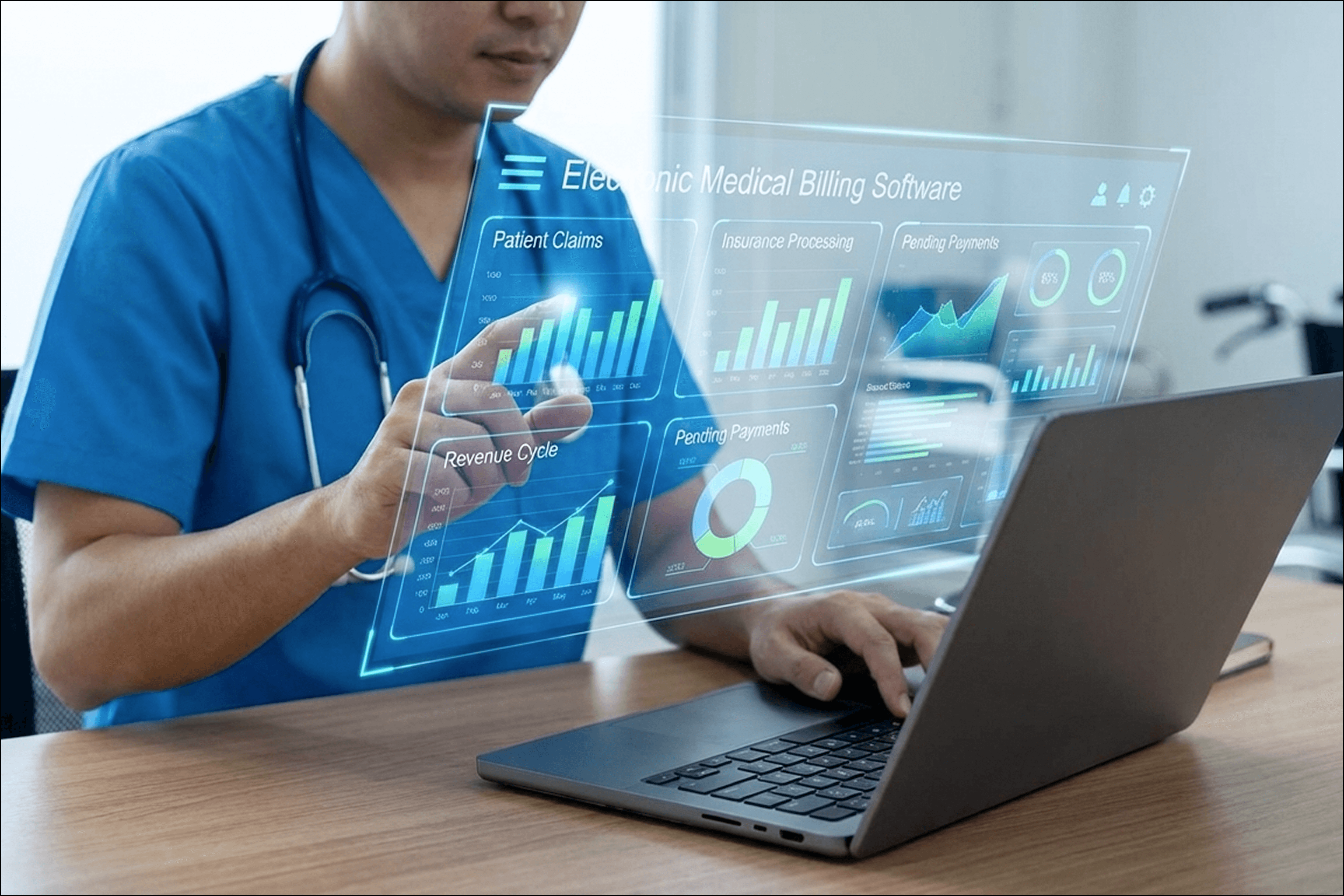 Clinician reviewing an electronic medical billing software dashboard with claims, revenue cycle, and insurance processing charts on a laptop, highlighting compliance-ready billing workflows and system integrations.