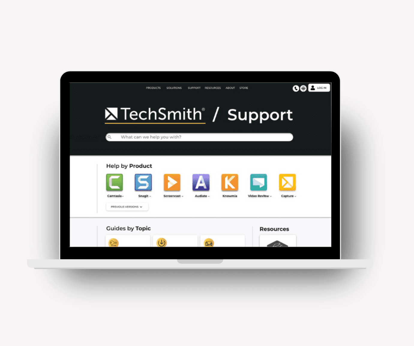 layout and features. A Laptop screen displaying the sleek redesign of the TechSmith support page website.