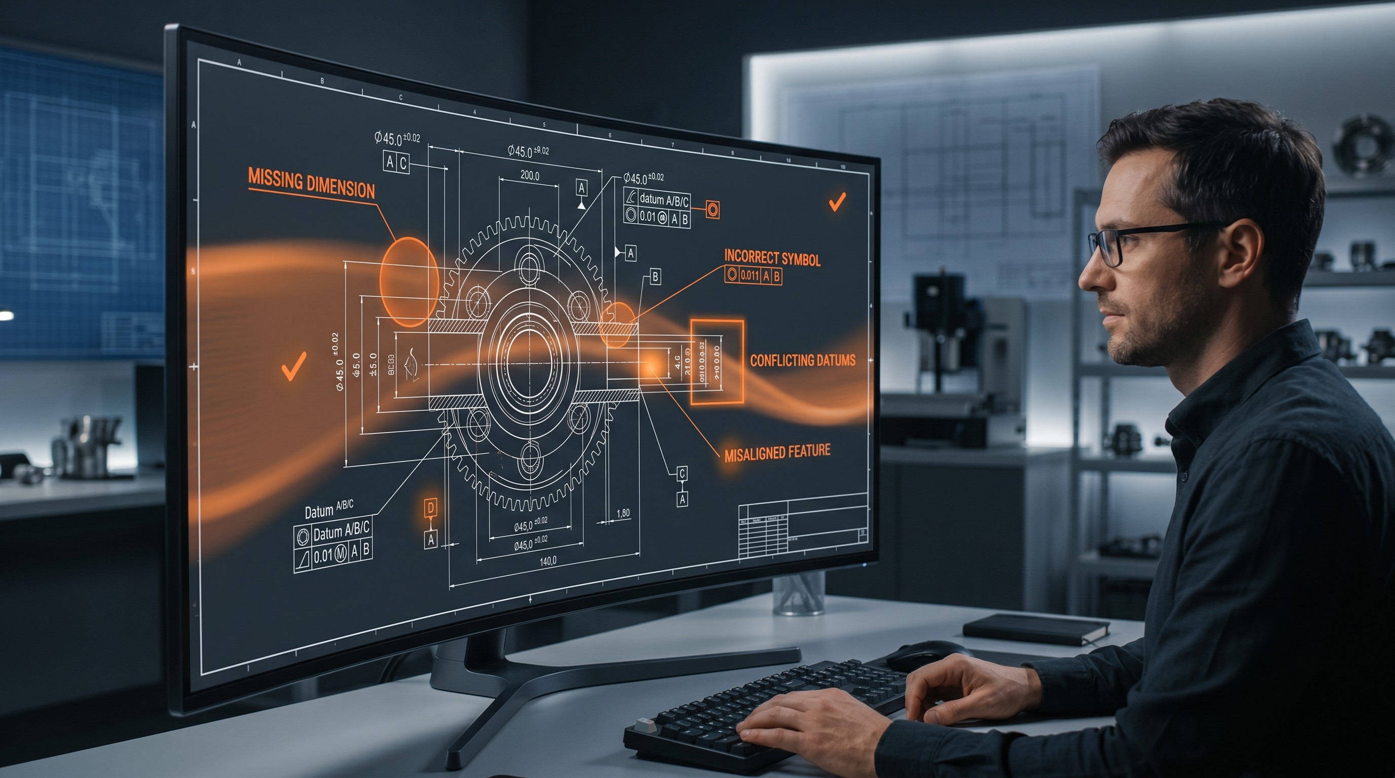 CAD drawing with multiple engineering errors such as missing dimensions and incorrect GD&T symbols detected by AI during automated drawing review.