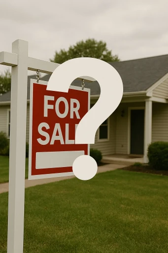 A “For Sale” sign in front of a modest house with a large question mark overlay. Clean, editorial style. Represents uncertainty and decision-making.