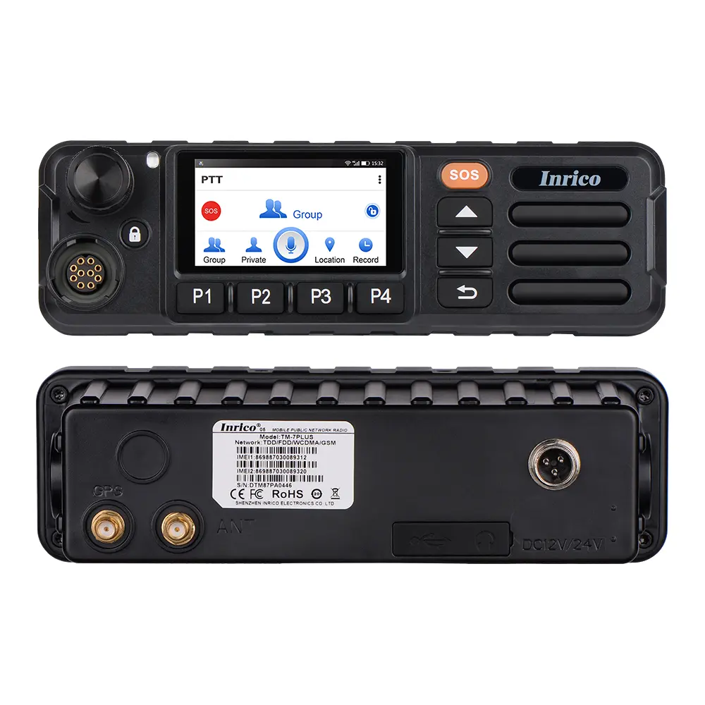 Inrico TM-7Plus vehicle push-to-talk radio, front and back panels
