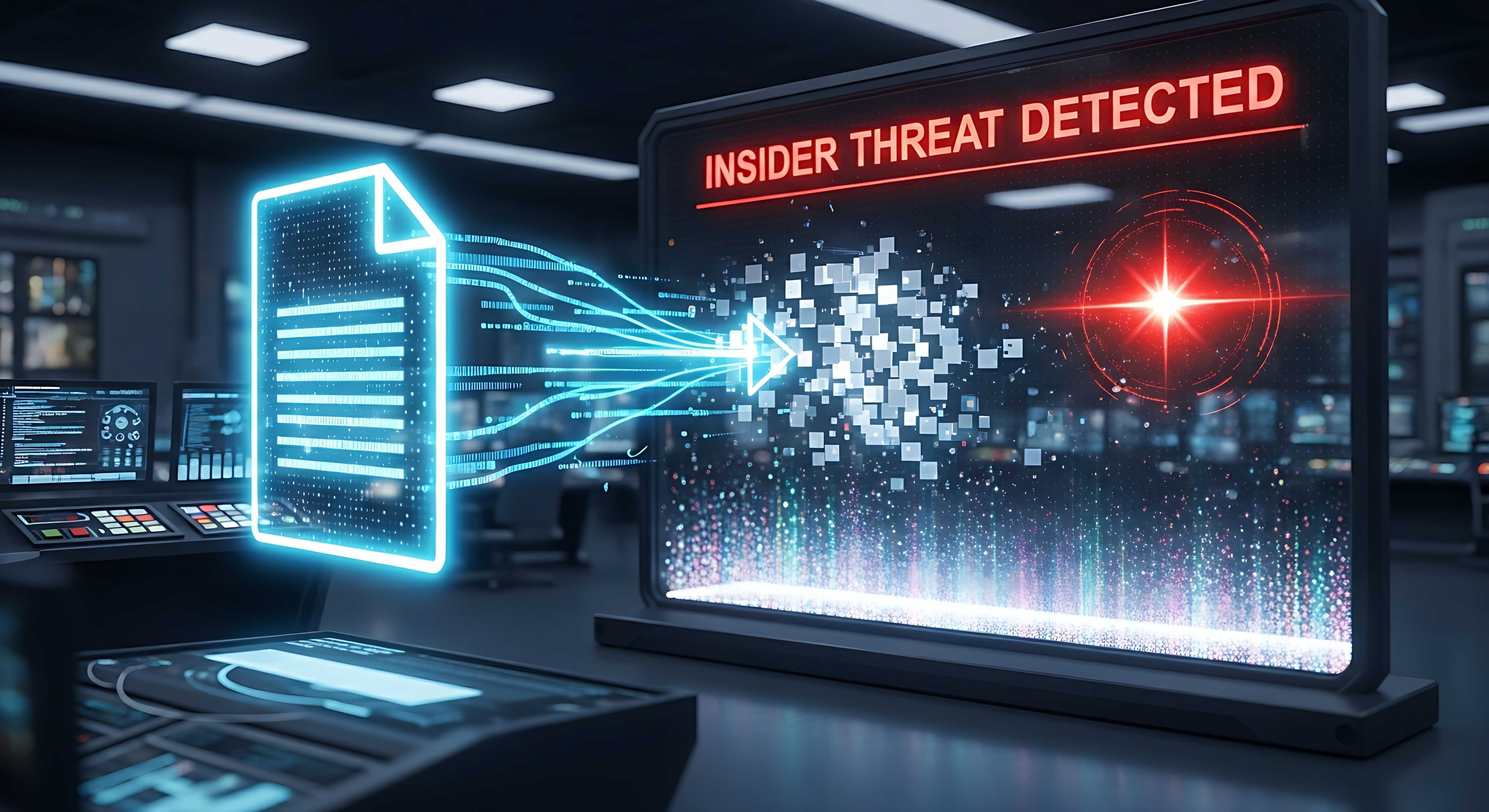  Downloaded  Save to Library  Preview Crop  Find Similar   File #:  1590614536 Insider threat detection concept. A holographic interface shows a confidential file being moved outside a secure network, with a red alert.