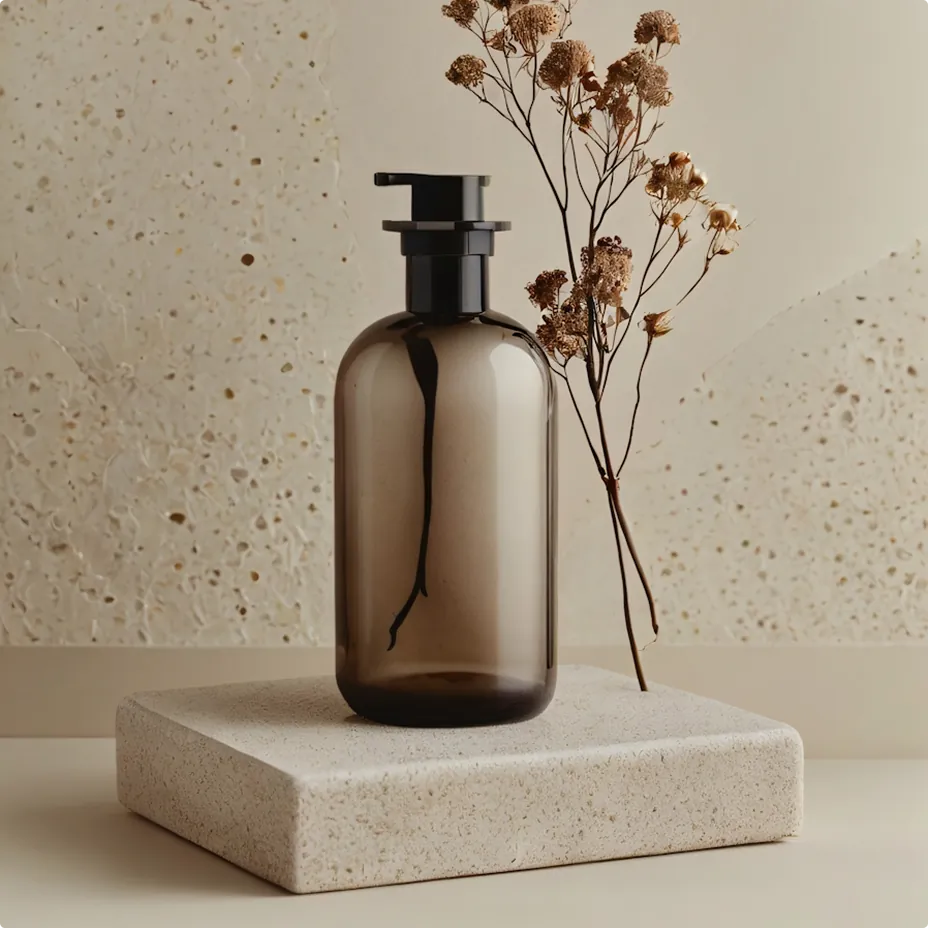 Pump bottle on a stone plinth beside dried stems