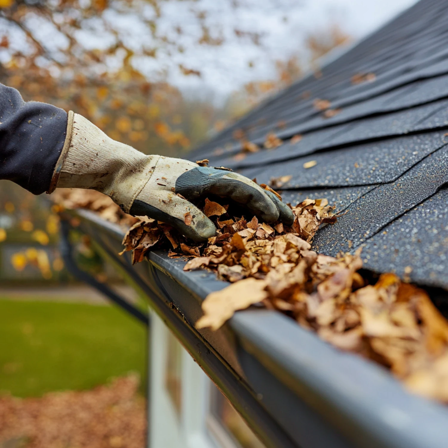Gloved hand clearing leaves from a roof gutter during seasonal home maintenance