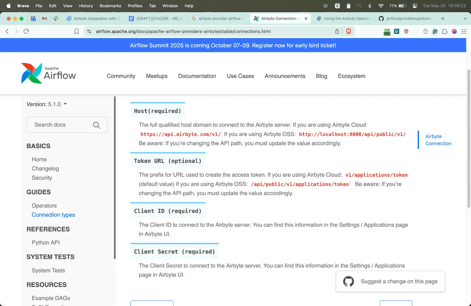 Screenshot of the Airflow documentation page describing the Airbyte connection parameters. It details fields such as "Host," "Token URL," "Client ID," and "Client Secret," showing required and optional configuration settings for integrating Airflow with Airbyte.