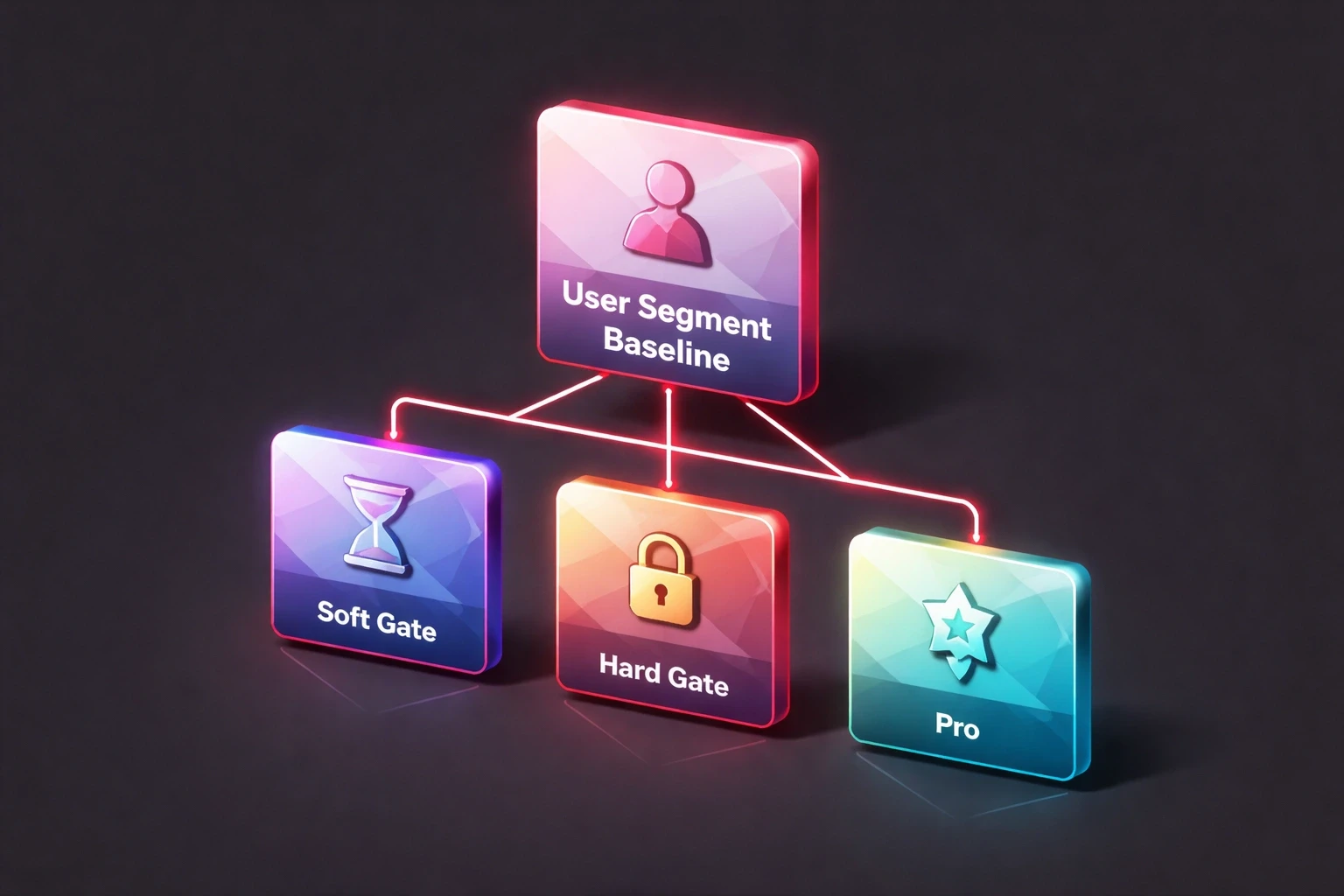 Isometric low‑poly flowchart of gating strategies branching from a baseline user segment, with soft‑gate, hard‑gate and pro nodes highlighted in accent red on a dark background.