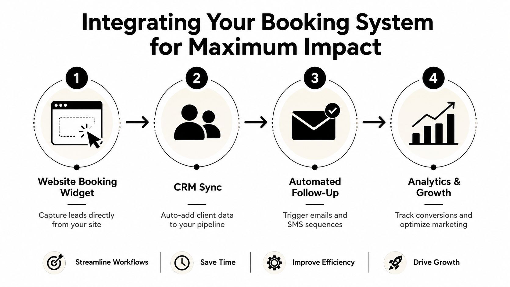 A four-step diagram illustrating the process of integrating a website booking system for business growth and automation.
