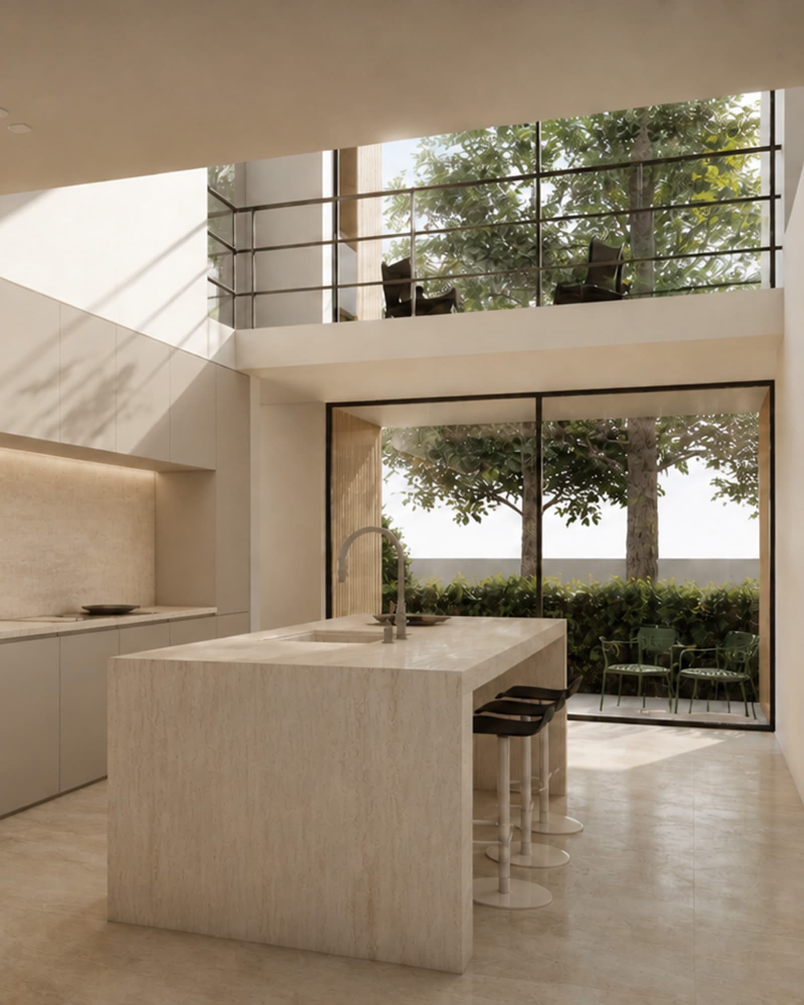Moderne keuken van villa in Hilvarenbeek met groot kookeiland en glaspartijen richting de tuin.