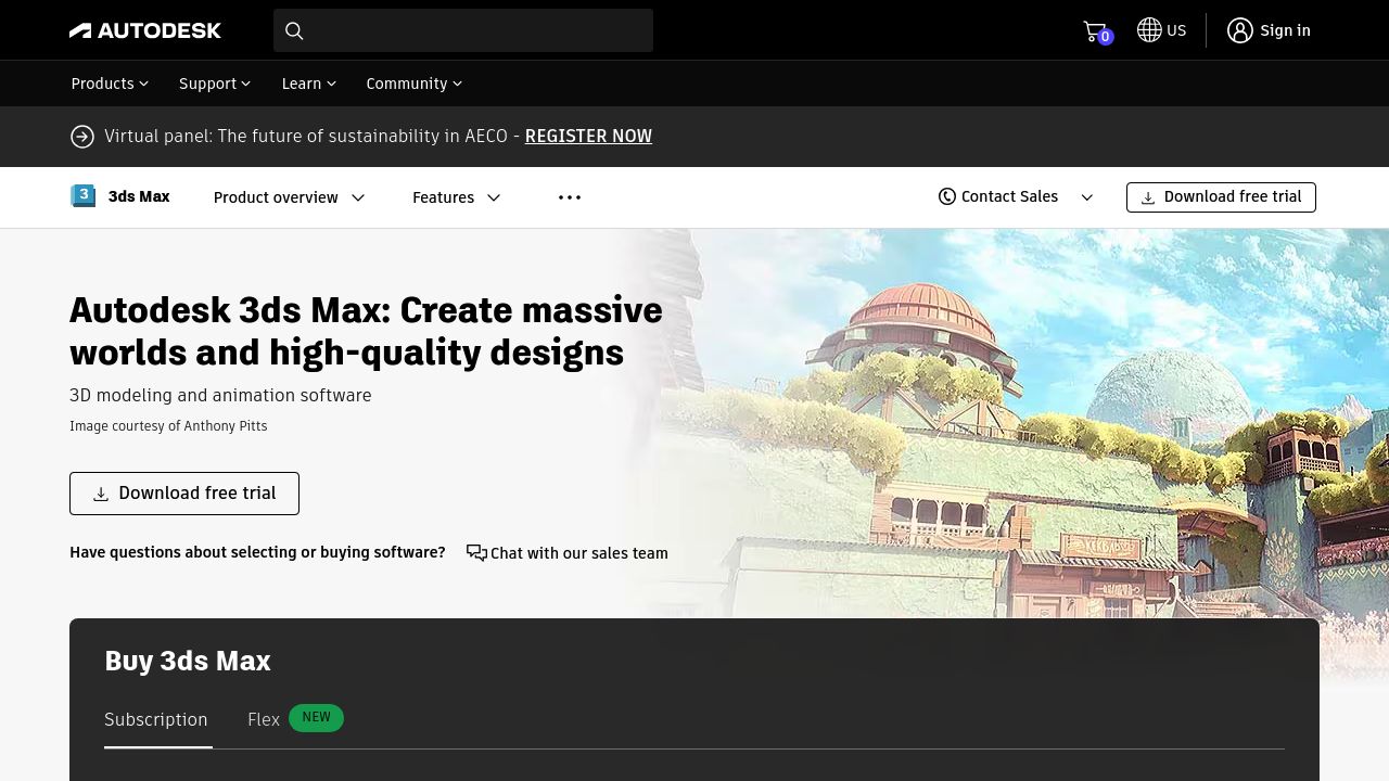 Screenshot of the Autodesk 3ds Max website showcasing 3D modeling and rendering software