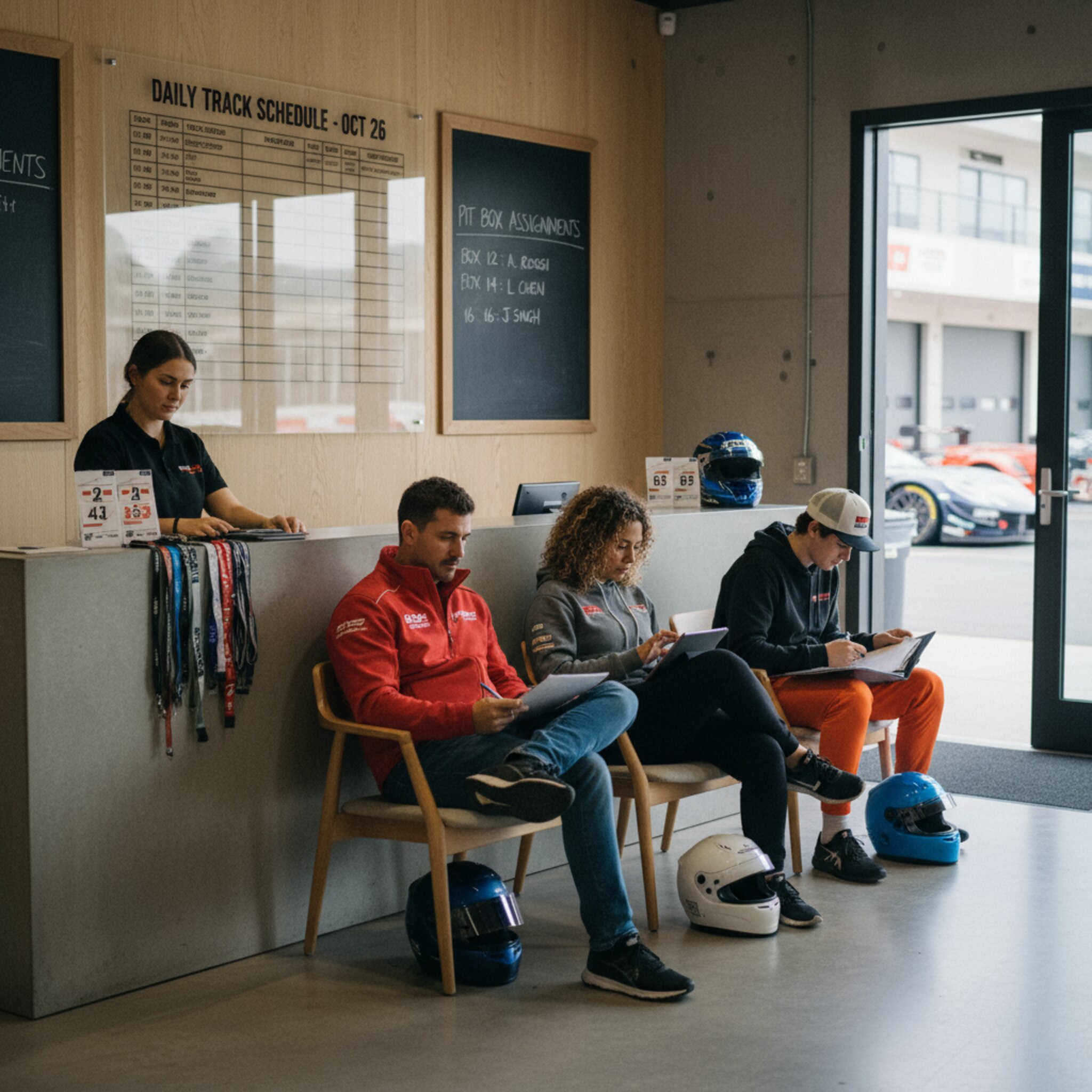 Am Empfang hängt ein klar strukturierter Tagesplan neben einer Tafel mit Boxenzuteilungen. Teilnehmer nehmen Platz, während ein Mitarbeiter Startnummern sortiert. Die Stimmung ist ruhig, organisiert und bereit für einen reibungslosen Ablauf mit pünktlichen Einstiegen.