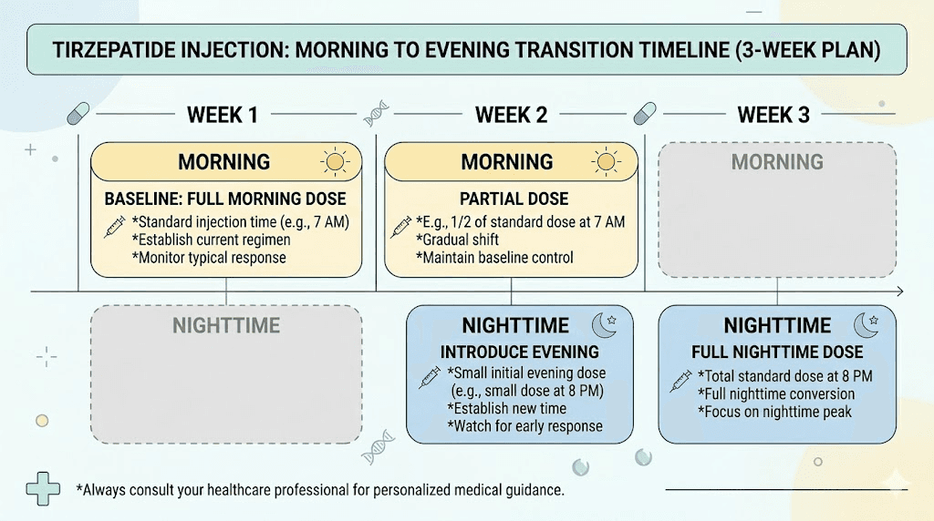 How to safely switch tirzepatide injection from morning to nighttime schedule