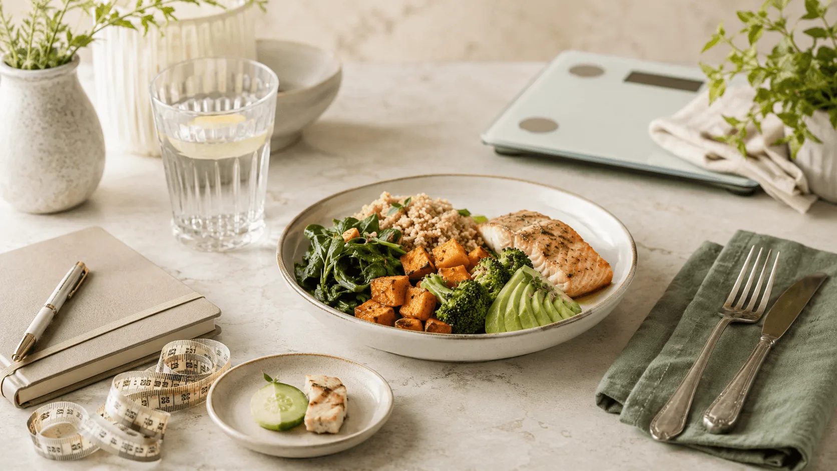 Repas équilibré avec balance, mètre ruban et carnet, illustrant la peur de la reprise de poids après un régime