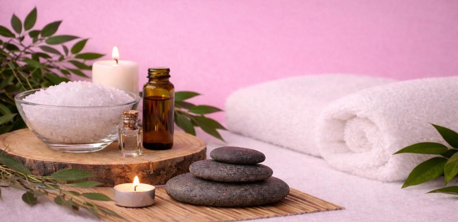Spa stones, candles and towels