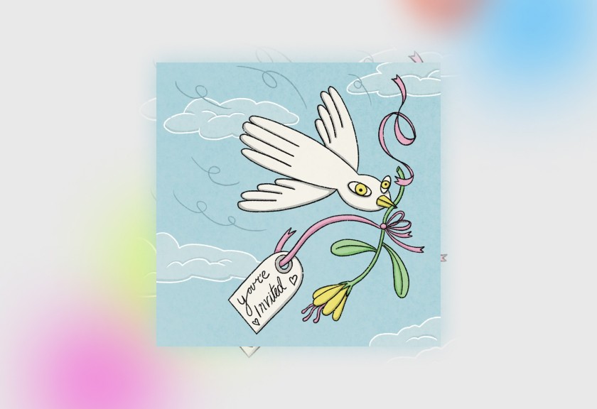 Free digital wedding invitation with a hand-drawn dove carrying a wedding tag, perfect for online wedding invites with a whimsical touch.