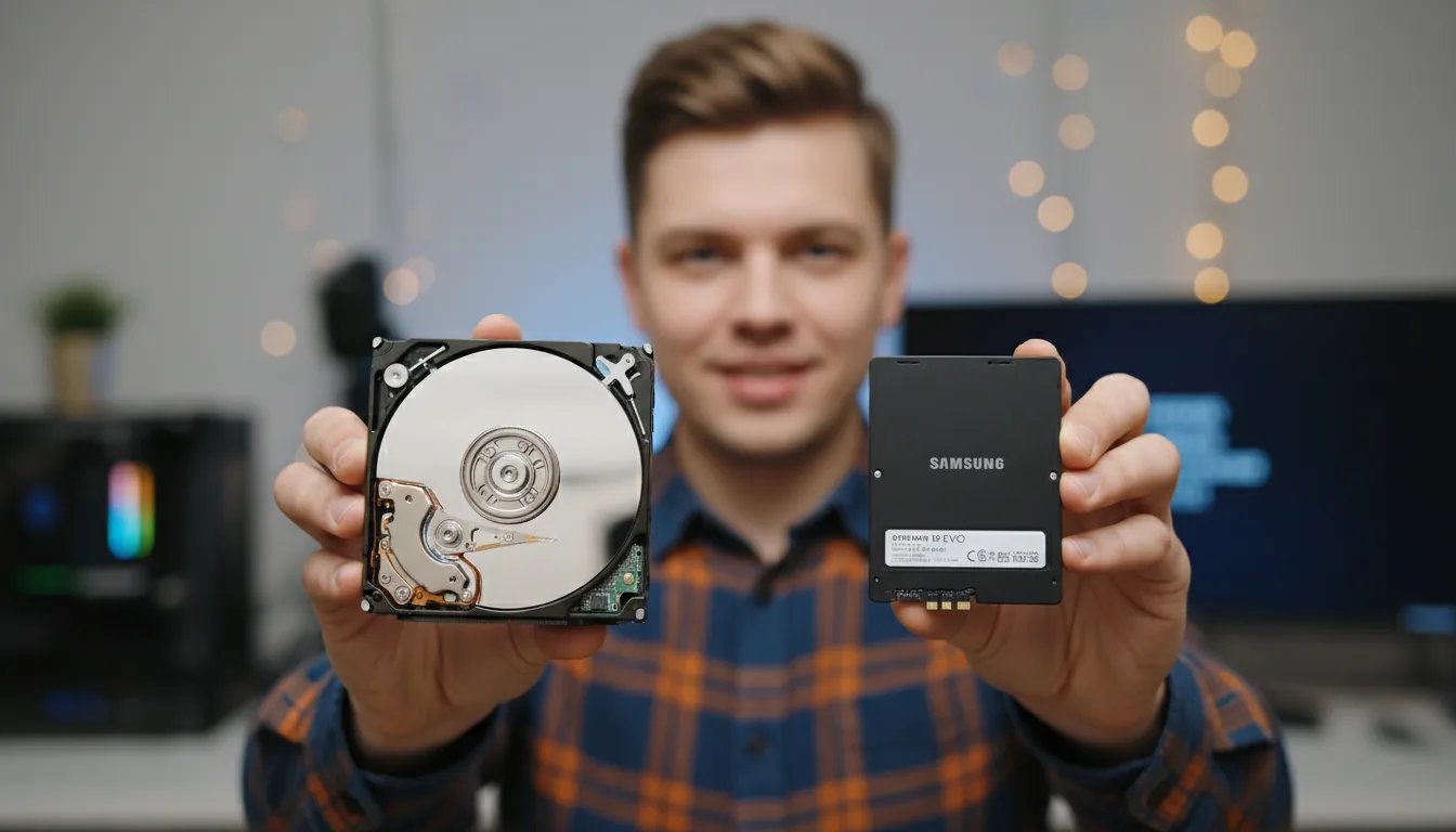 DSLR photograph, medium close-up from the chest up, a person wearing a blue and orange plaid shirt holds two computer drives forward for comparison. In one hand is an opened 3.5-inch internal hard disk drive (HDD) with its silver mechanism and reflective platter visible. In the other hand is a standard black 2.5-inch solid-state drive (SSD) with a matte finish. Soft studio lighting, sharp focus on the drives and hands, with the background in a gentle bokeh blur.