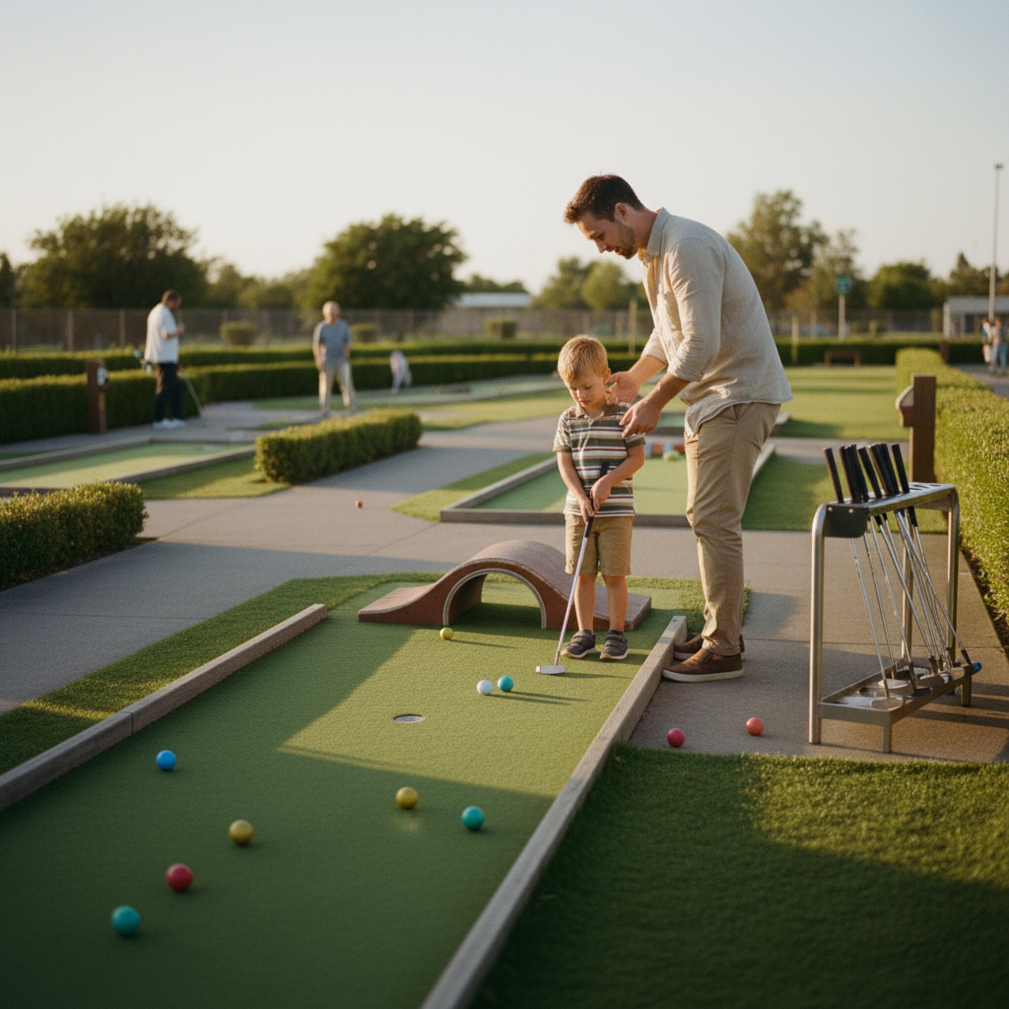 Späte Nachmittagssonne liegt über einem gepflegten Minigolf-Parcours. Ein Kind richtet den Schlag aus, der Vater hält vorsichtig den Schläger, beide schauen konzentriert auf eine kleine Brücke. Bunte Bälle glänzen auf dem frischen Grün. Leihschläger stehen ordentlich im Ständer, zwei freie Bahnen wirken ruhig und einladend.