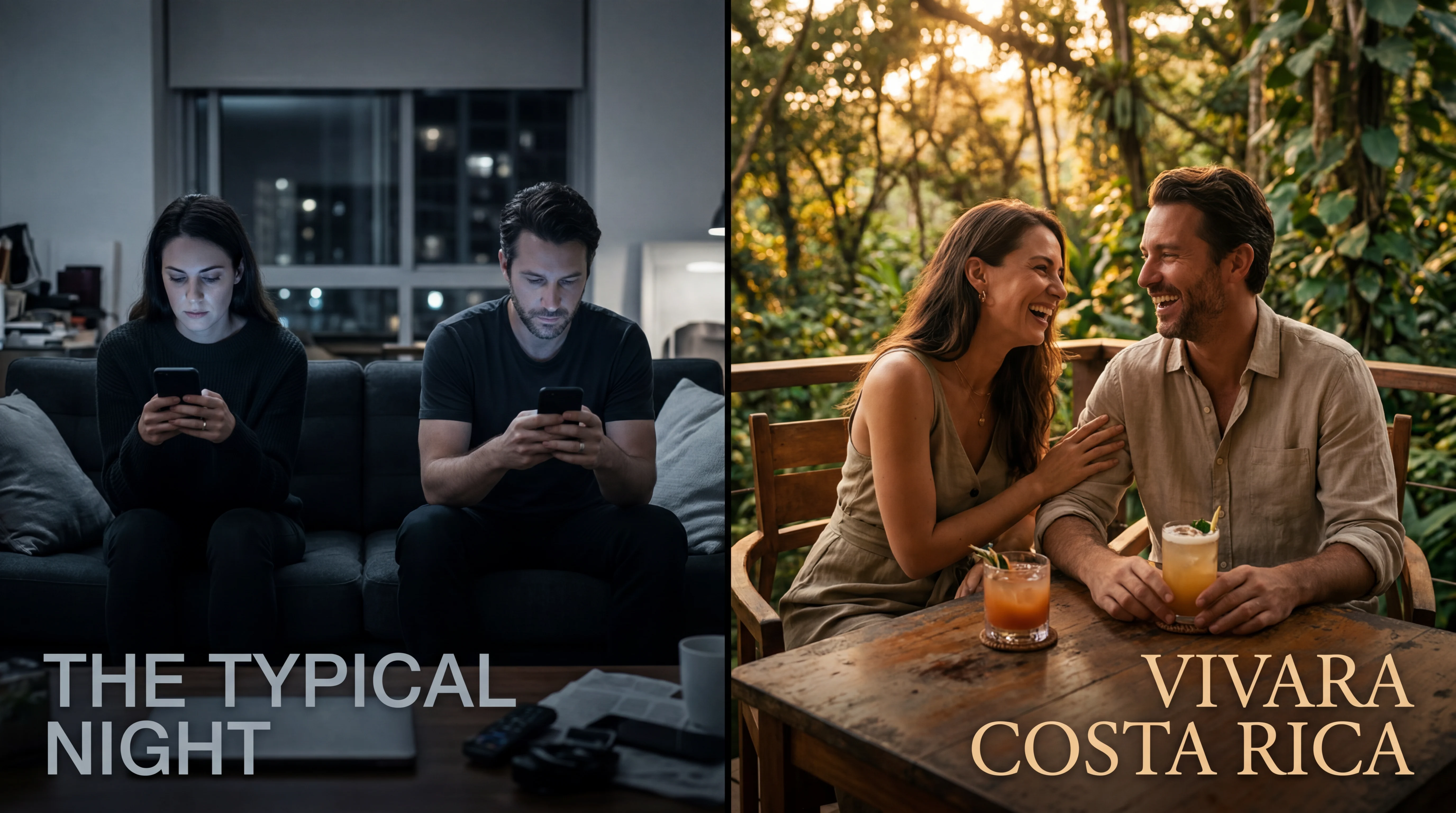 A diptych showing a couple sitting apart on phones in a cold blue apartment on the left, contrasted with two people laughing together on a warm candlelit jungle deck at Vivara Costa Rica on the right — the ideal intimacy retreat venue in Costa Rica.