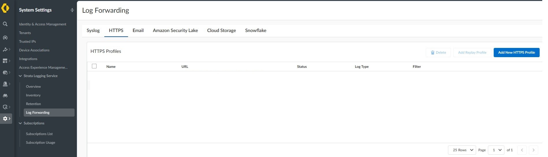Strata Cloud Manager Log Forwarding HTTPS profiles list.