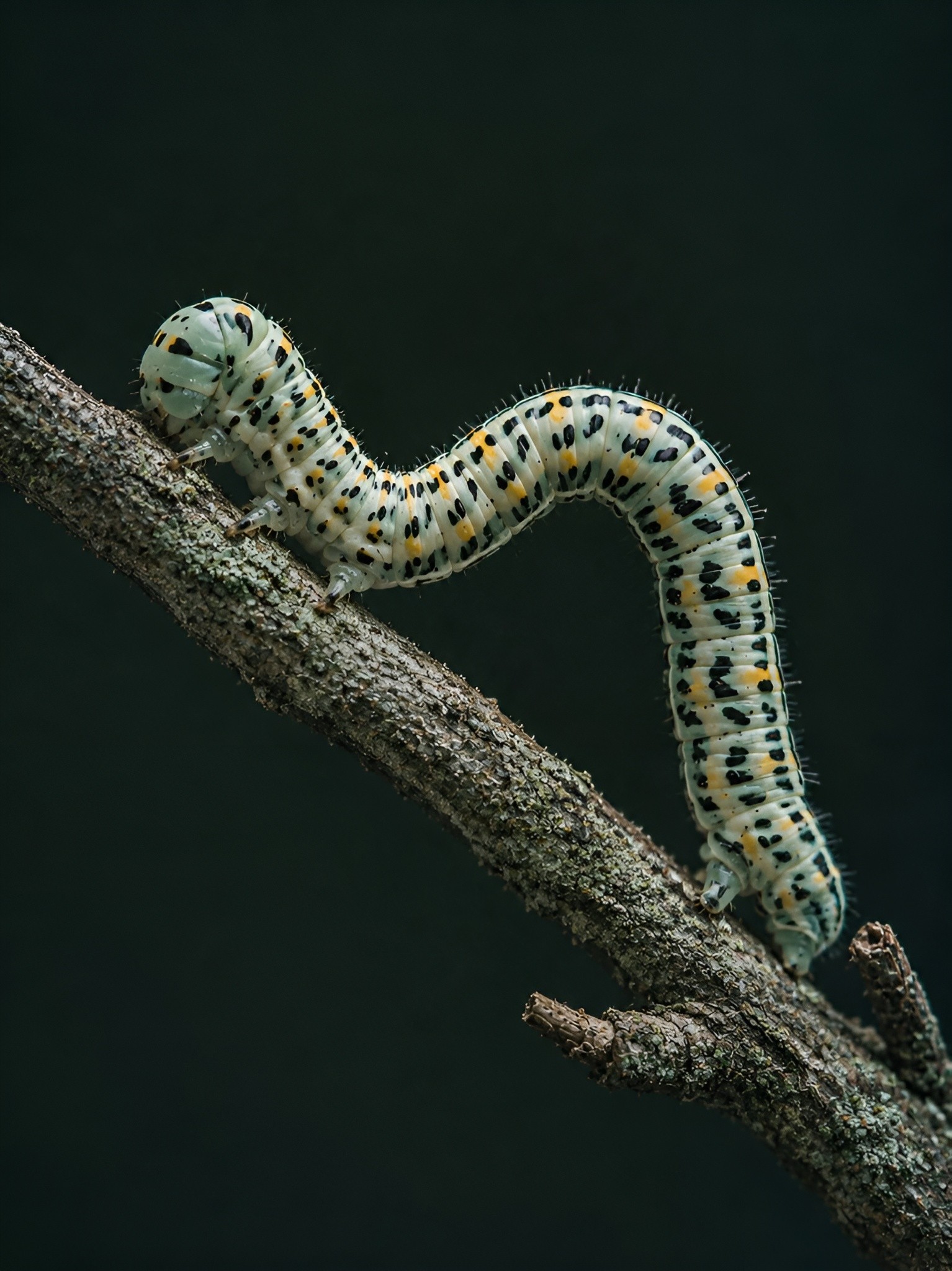 Close-up of a caterpillar resting on a branch against a near-black backdrop, evenly lit to reveal fine textures and subtle natural detail.