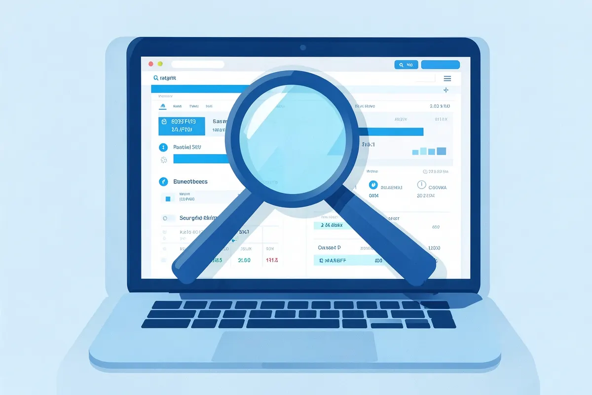 A magnifying glass over a laptop screen displaying website analytics and search engine results.