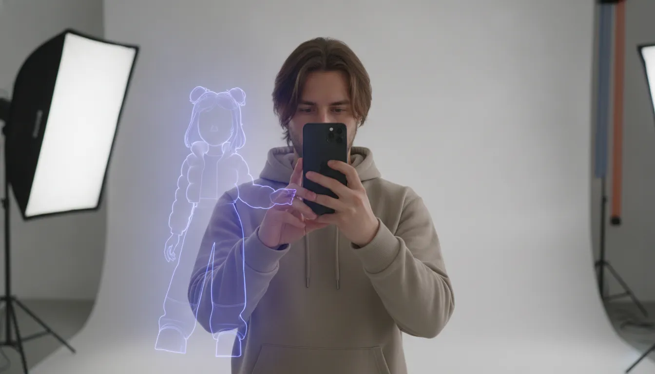 Person framing a selfie while a high-fidelity 3D AI avatar takes shape beside them, showing how to convert image to ai avatar free