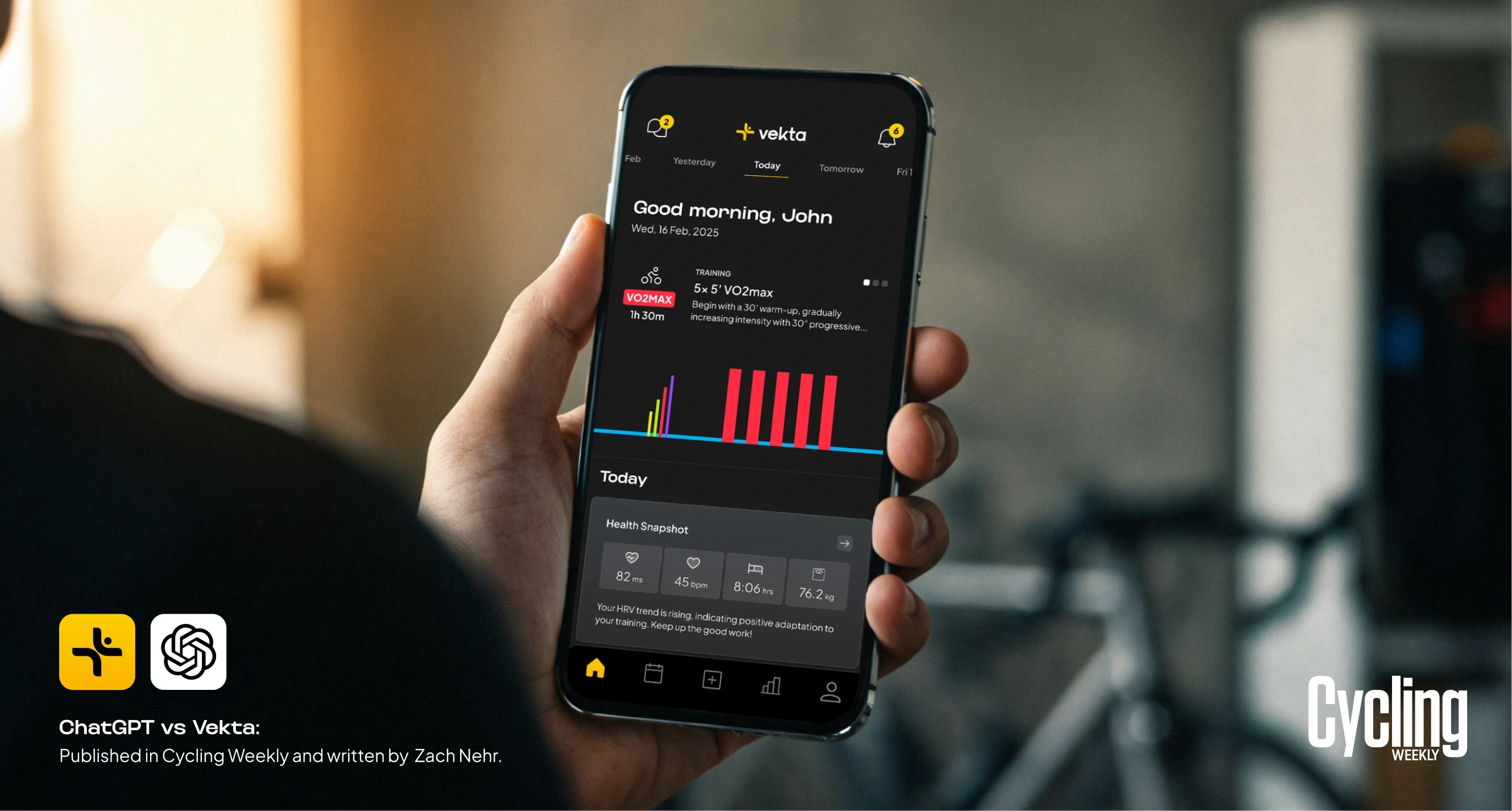 Vekta mobile app showing a personalised training dashboard with a VO2max session, HRV health snapshot, and daily training overview, as featured in the ChatGPT vs Vekta article published in Cycling Weekly by Zach Nehr.