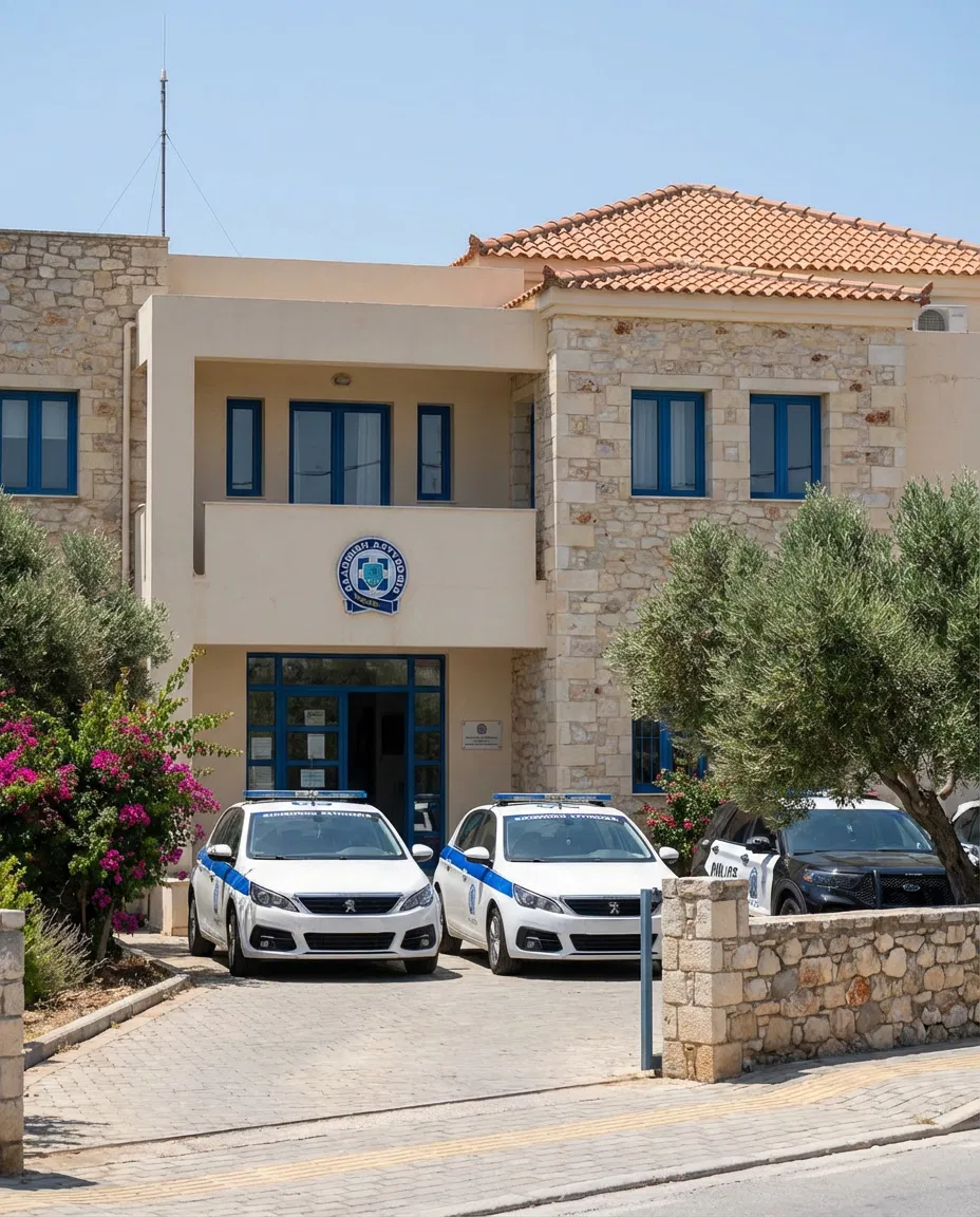 Exterior of the Malevizi Police Department building in Greece during daytime.
