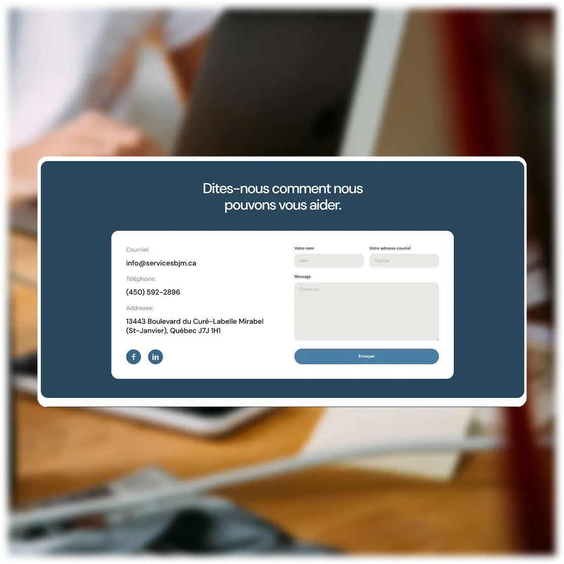 Page de contact du site Gestion BJM — formulaire et coordonnées du cabinet comptable à Mirabel, Québec