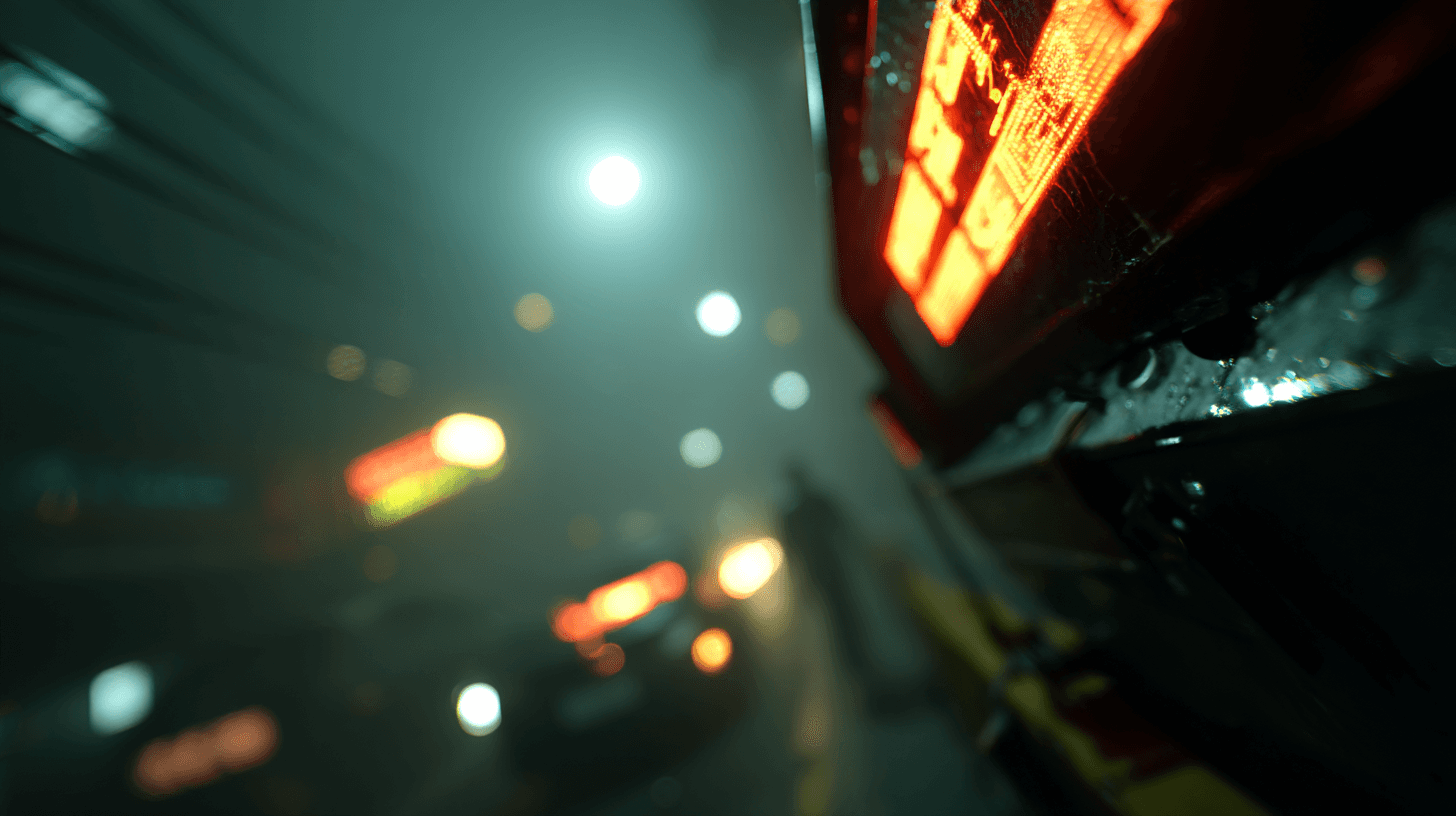 Rain-soaked neon city street with blurred lights