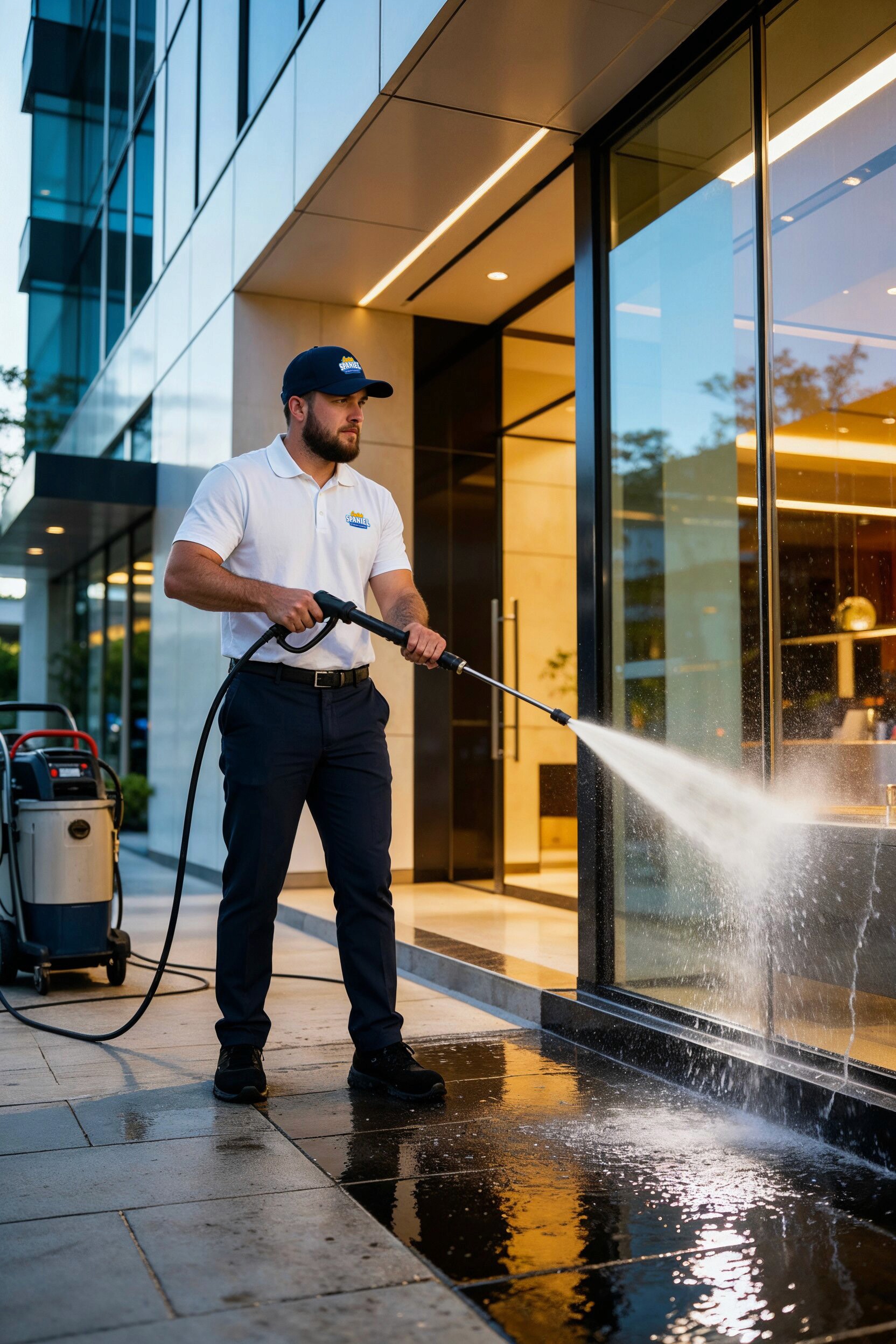 Captain Spaniel Exterior Tech power washing a commercial building
