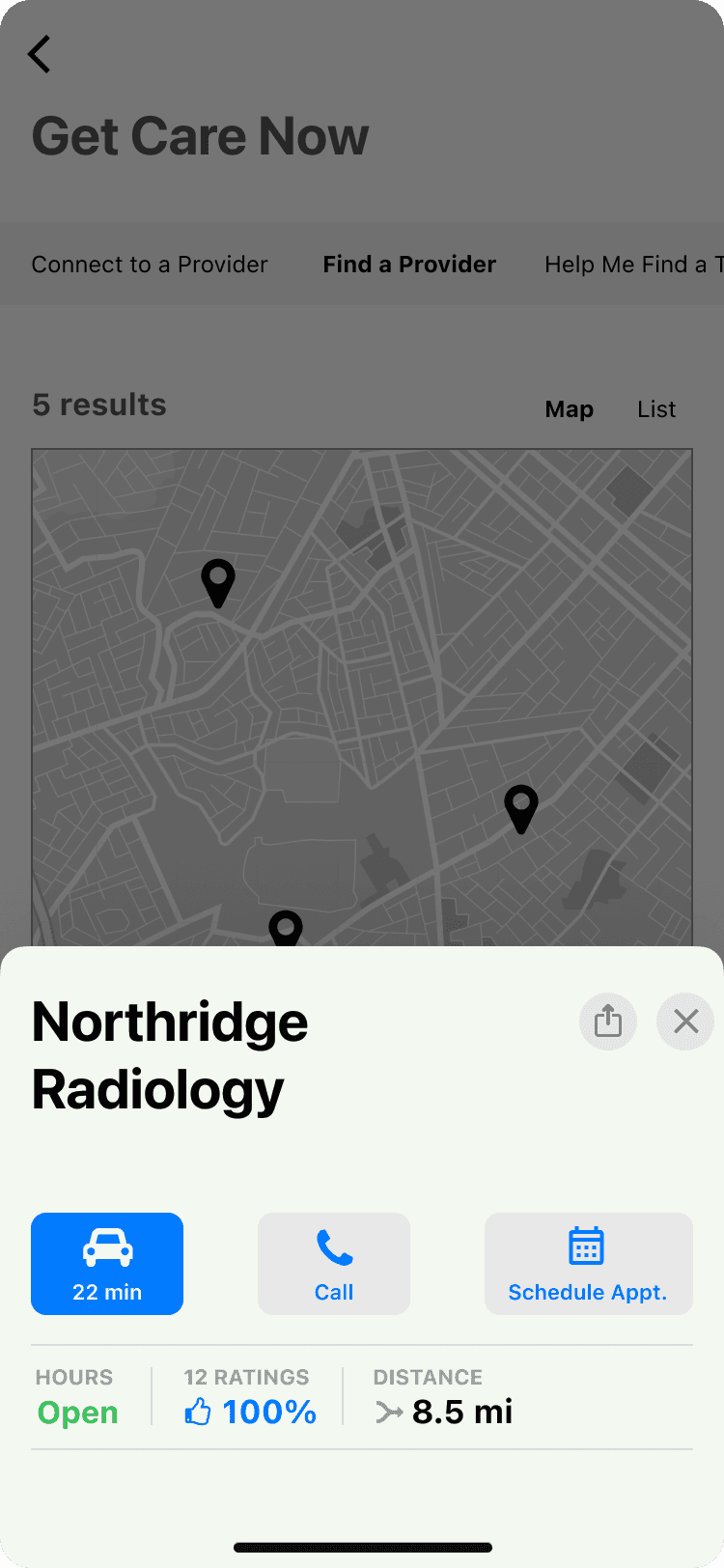 Get care now, provider detail page