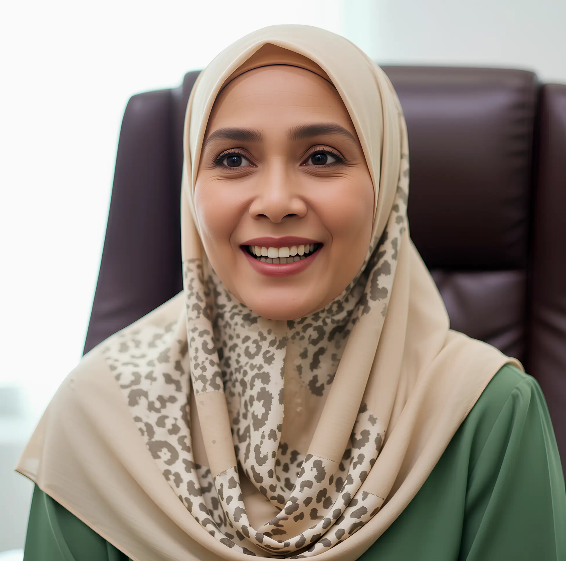 Potret seorang wanita profesional bertudung, tersenyum ceria dan yakin berkongsi kisah kejayaan pemulihan kesihatan selepas mengamalkan air Kangen Water.