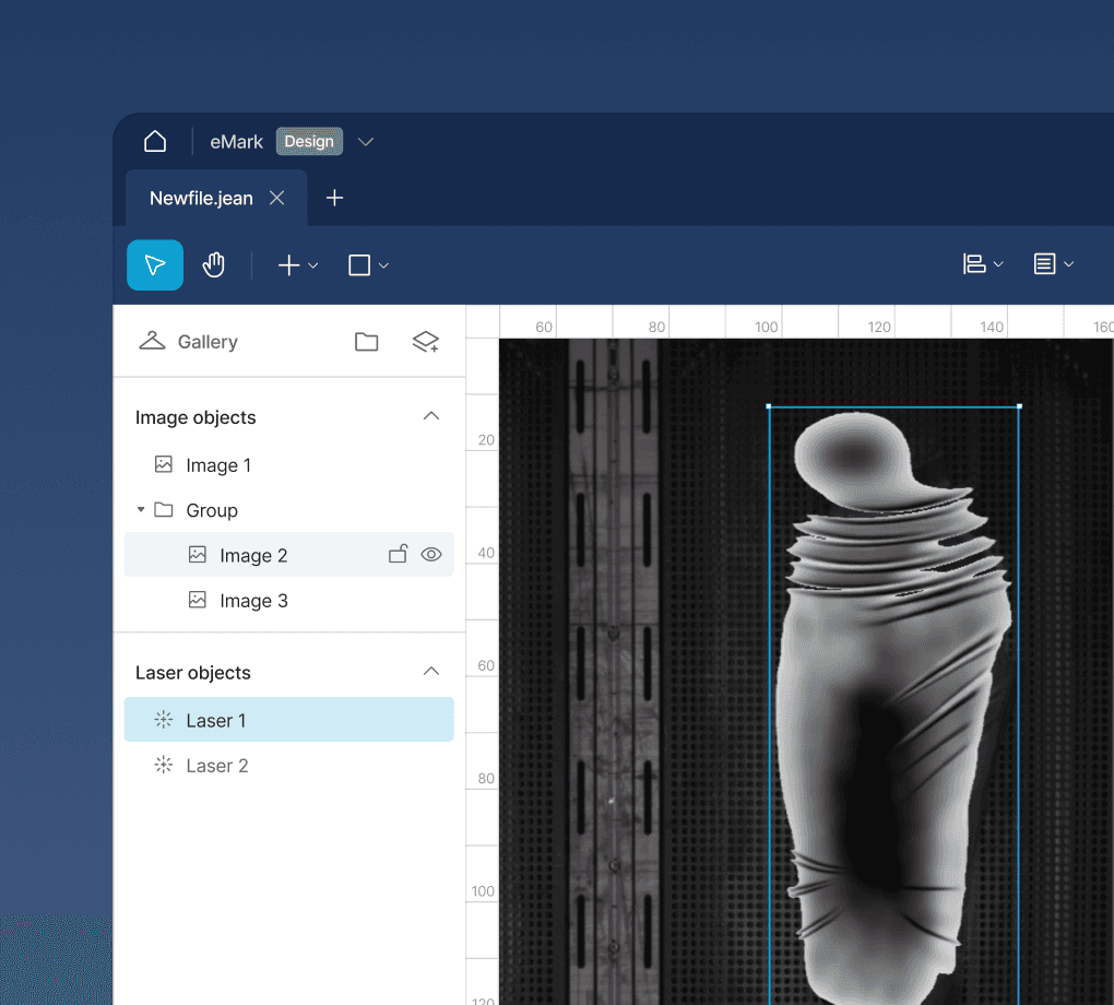 eMark design software showing a 3D scanned denim garment with a layers panel.