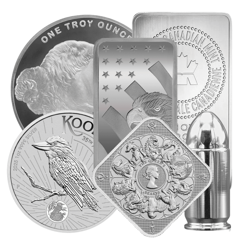 Assorted silver bullion featuring a 100 oz Engelhard bar, silver grain, and commemorative silver rounds.