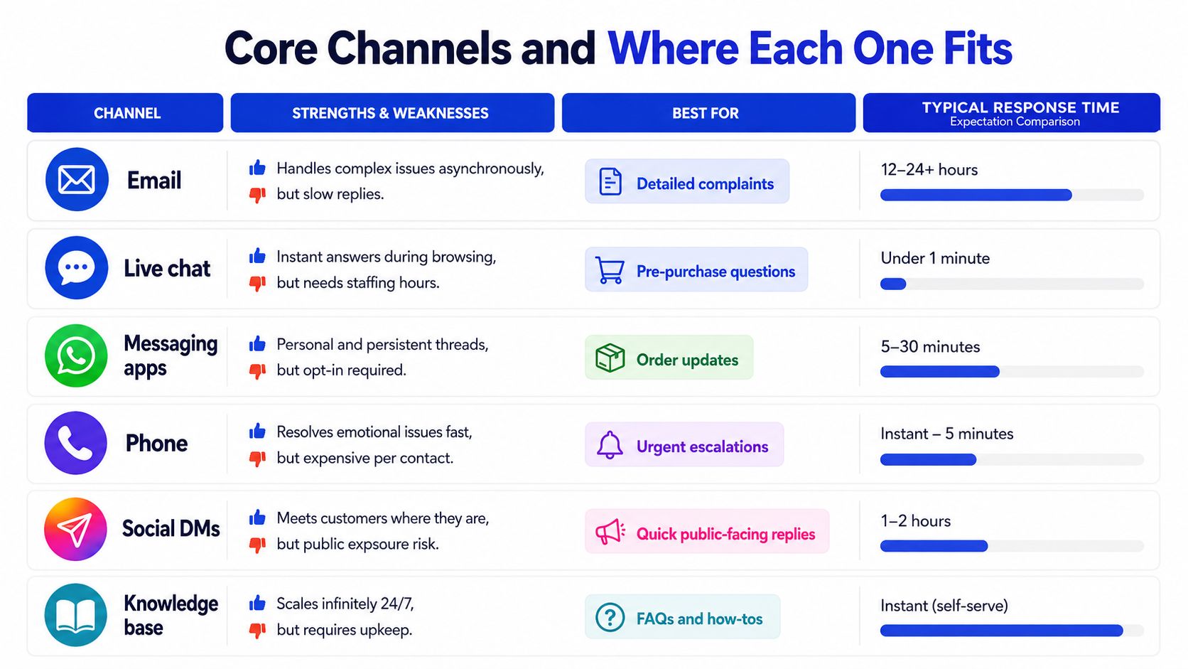 A chart comparing six core customer support channels, highlighting their strengths, weaknesses, best use cases, and response times.