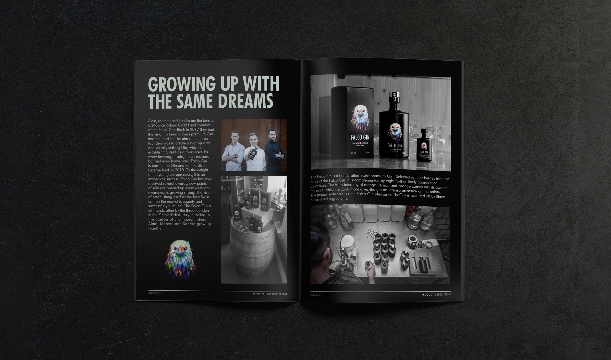 Falco Gin print design — luxury booklet spread editorial layout Swiss premium spirit