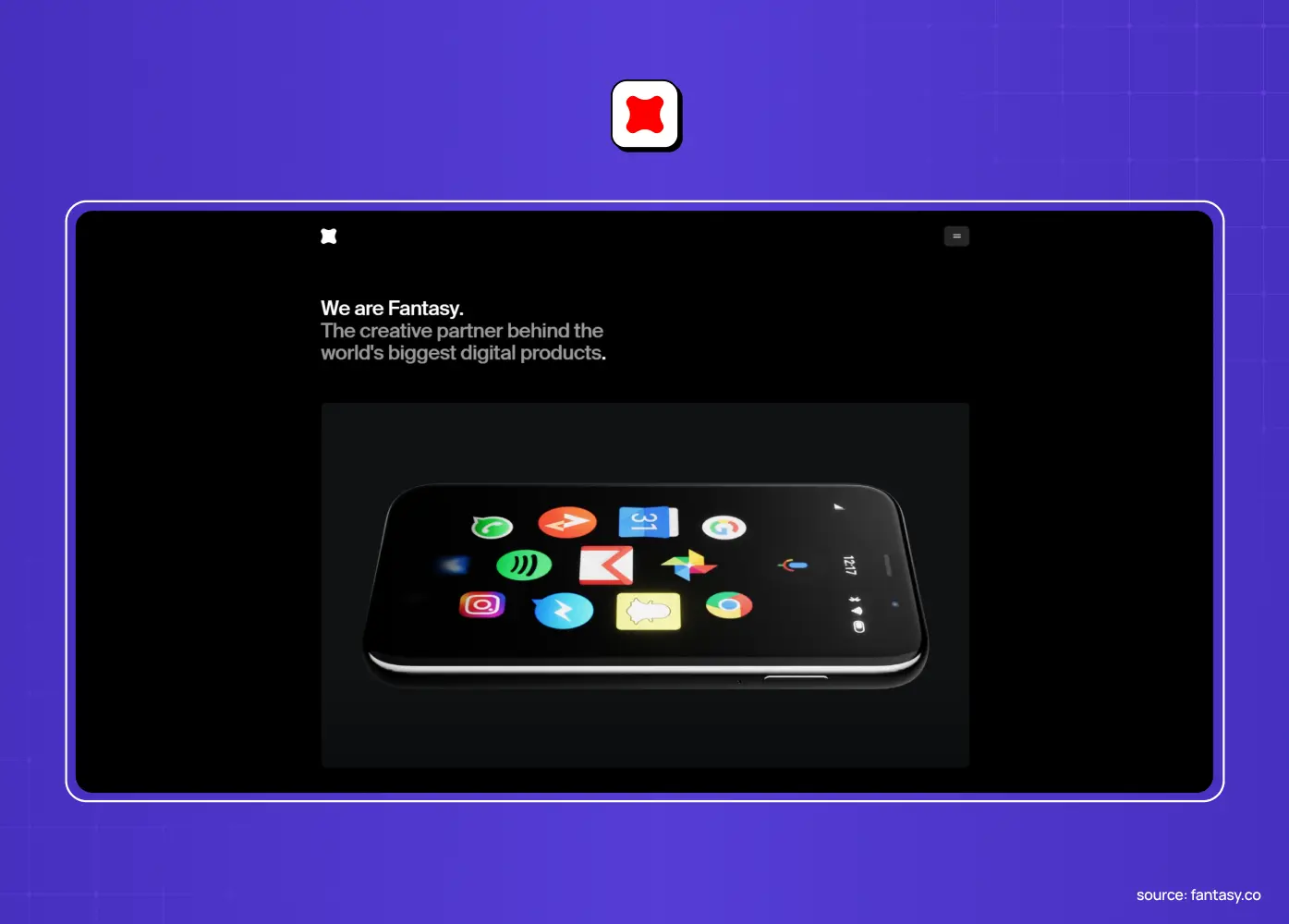 Fantasy creative agency website featuring a smartphone displaying colorful app icons against a dark background.