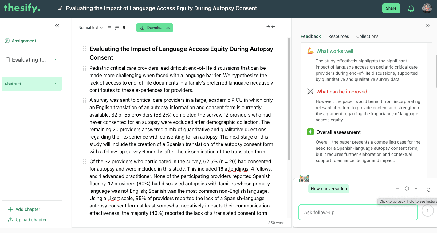 thesify feedback panel for an abstract on language access during autopsy consent, highlighting thin context–result linkage and a vague significance claim