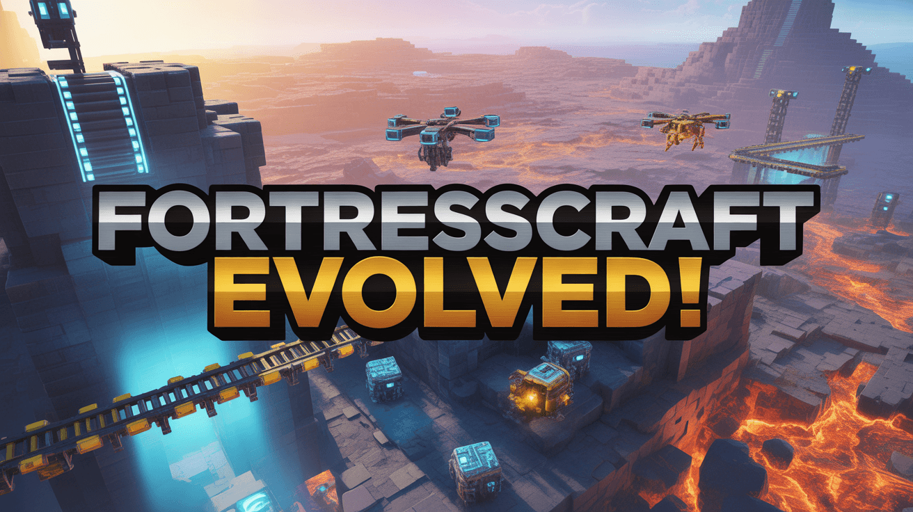 Futuristic mining base over lava with drones and FortressCraft Evolved title in metallic text