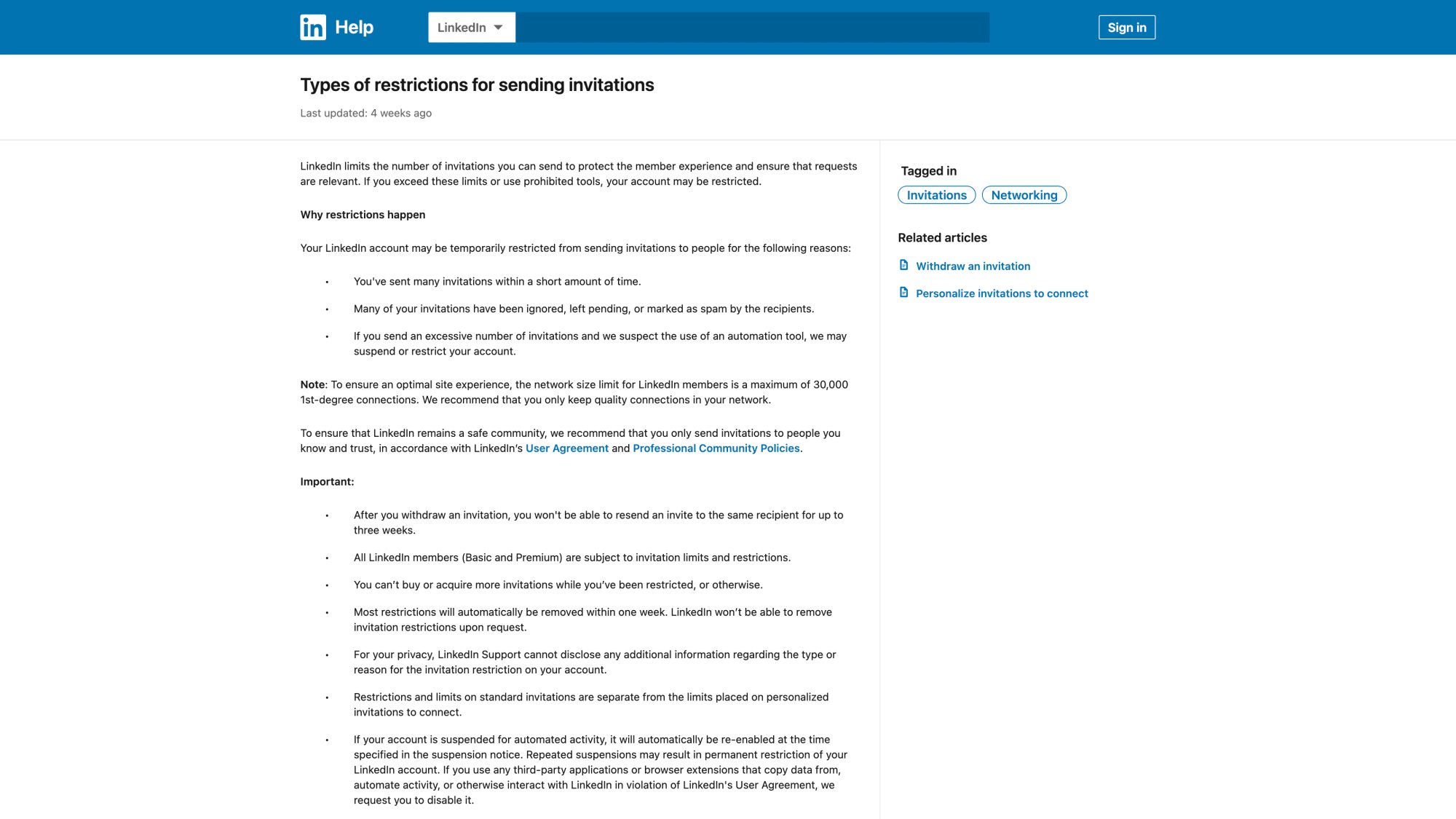 LinkedIn Help Center article explaining connection request limits and invitation restrictions with official platform guidance