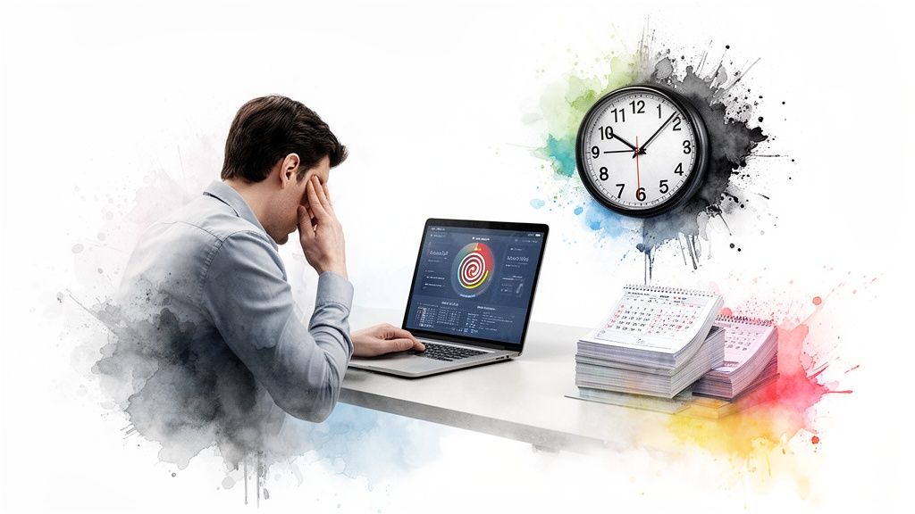 A stressed man at a desk working on a laptop, with a clock and calendars nearby.